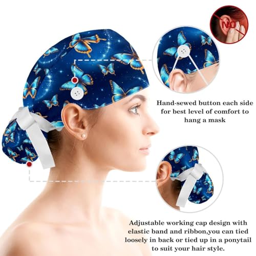 Image of Butterfly Scrub Cap Women with Ponytail & Buttons Adjustable Surgical Nurse Hat with Cotton Sweatband for Long Hair