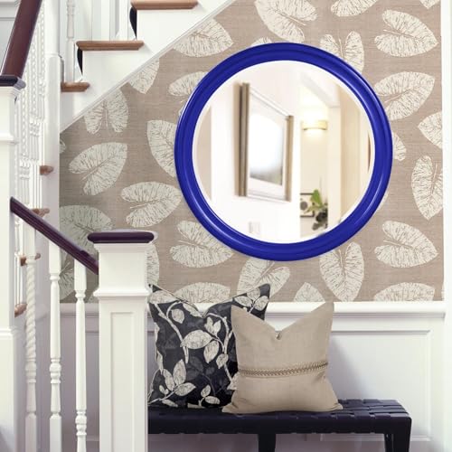 Image of Howard Elliott Collection George Round Glossy Royal Blue Wall Mirror, Bevelled Vintage Hanging Wood Framed Vanity Mirrors for Home Decor, Living Room, Bathroom, Bedroom, or Hallway, 36 Inch Round
