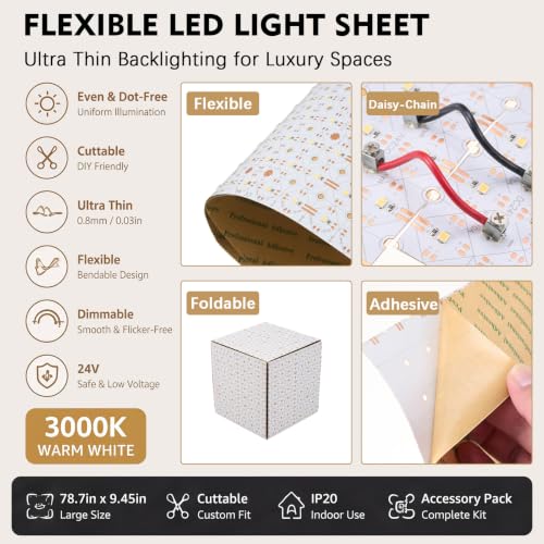Image of 6.56ft x 9.45in Flexible LED Light Sheet, Cuttable Ultra Thin Backlight Panel 24V Dimmable 3000K Warm White, Dot-Free Even Illumination for Stone, Acrylic, Cabinet & Commercial Display Lighting