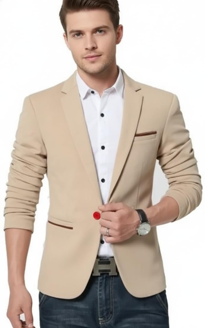 Men's Slim Fit Blazer, Beige, Single Button, Notch Lapel, Casual Formal Wear
