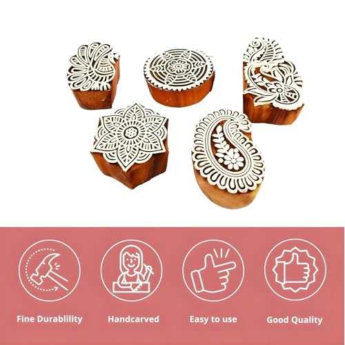 Image of RENIQ Wooden Printing Block for Fabric & DIY Craft | Handcrafted Indian Design Stamp for Textile, Pottery, Mehndi & Home Decor (Multicolor19)