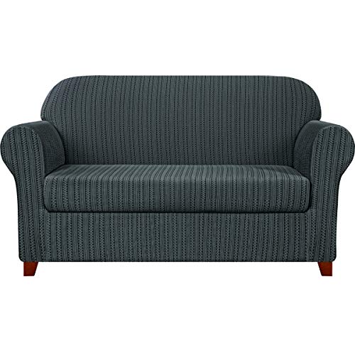 Subrtex 2-Piece Slipcovers Stretch Knit Couch Sofa Stripes Pattern With Cushion Covers For Loveseat Washable Furniture Protector (Large,Gray) #TOP23