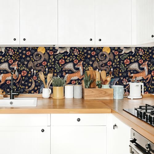 Vintage Whimsical Animal Floral Wallpaper Self Adhesive Peel and Stick Cartoon Watercolor Snake Bird Wolf Star Leaf Contact Paper Removable Waterproof for Bedroom Renter friendly 17.71"x236.2" — view 6