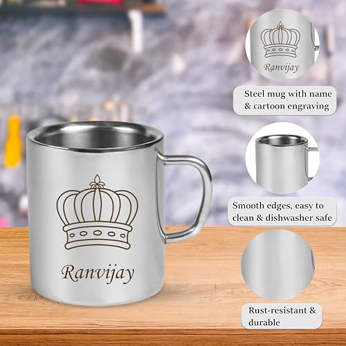 Image of SAVRI Personalized Stainless Steel Mug for Kids with Customized Name Engraved & Cartoon Design | 220 ml Double Wall Insulated Mug for School, Milk, Juice & Water (King Crown)