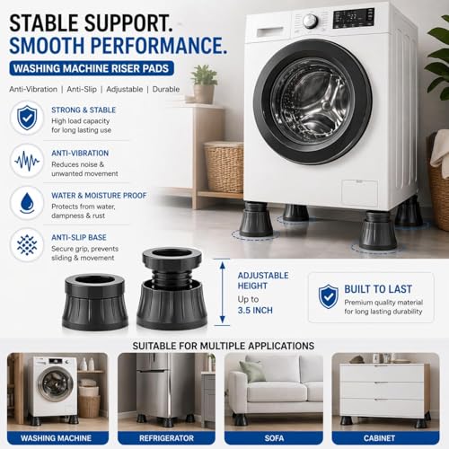Image of Anti-Vibration Pads for Washing Machine | Heavy Duty Shock Absorbing & Noise Reduction Rubber Pads | Extra Large Adjustable Stand for Front & Top Load Washer, Dryer & Refrigerator