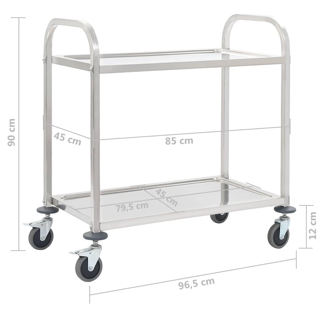 2-stopniowy wózek do serwowania ze stali nierdzewnej, 96,5 x 55 x 90 cm, z 4 kółkami, 2 hamulcami, duża półka do kuchni, jadalni, gospodarstwa domowego, idealny do serwowania