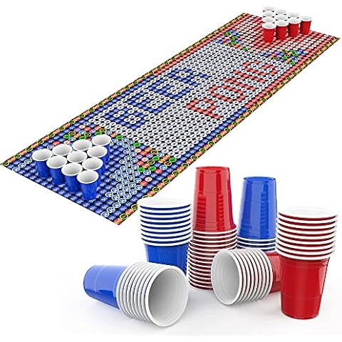 Reusable Cup Disposable Cups, 50 Cups + 10 Balls + Mat (183 x 61cm) Table Games for Birthday, Camping, Christmas, New Year Eve, Wedding, 16oz Plastic Cups (473ml) Cover