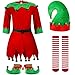 Set di Costumi da Elfo di Natale per Ragazze e Donne Costume da Aiutante di Babbo Natale Vestito Festivo di Natale con Cappello Scarpe Cintura Calze a Righe da Elfo, 7-12 Anni