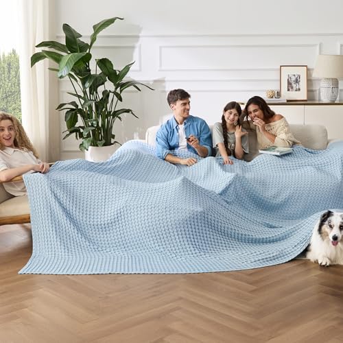 Image of Bedsure Cooling Cotton Waffle Oversized King Blanket - Lightweight Breathable Rayon Derived from Bamboo for Hot Sleepers, Luxury Throws for Bed and Sofa, Light Blue, 120x96 Inches