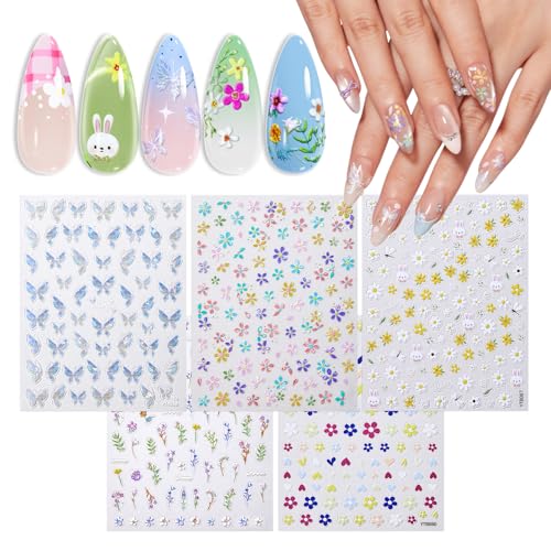 modelones Gel Polish Flower Nail Stickers, 3D Embossed Colorful F...