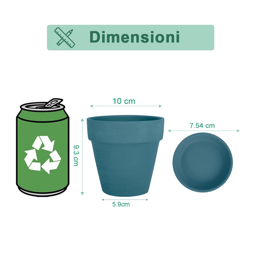 Vaso in argilla blu in acciaio da 4 pollici per piante con piattino, confezione da 6 piccoli vasi in terra cotta con foro di drenaggio, vaso di fiori con vassoio
