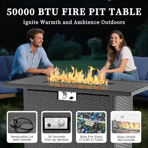 Image of UDPATIO Patio Furniture Set with Fire Pit Table, Rocking Swivel Chairs, 5 Pieces Outdoor Furniture Sets, All-Weather Wicker Outdoor Sectional Sofa with Cover, 4'' Thickened Cushion, Light Grey