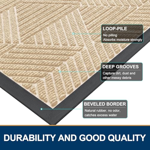 Smiry Front Door Mat Outside Entrance, Heavy Duty Sturdy Natural Rubber Doormat, Trap Dirt and Moisture, Easy Clean Low Profile Welcome Floor Mats for Indoor Outdoor Entry, 36x24 Inch, Beige