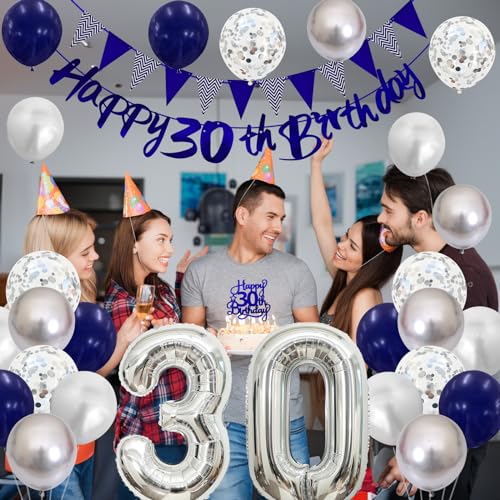 Image of 30th Birthday Decorations for Women Men, Happy 30th Birthday Banner with Blue Silver 30th Balloons Cake Topper Number 30 Foil Balloon for 30 Year Old Party Decoration