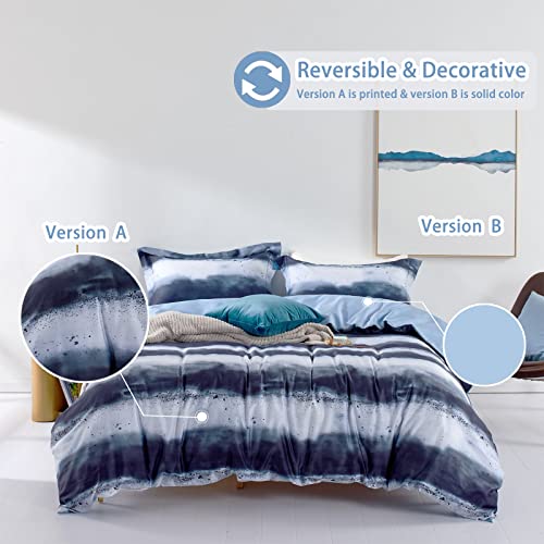 MILDLY 100% Long-Staple Cotton Duvet Cover Set Navy & White Striped Watercolor Pattern Printed Comforter Cover 3pcs, Ultra Soft & Breathable Bedding Set