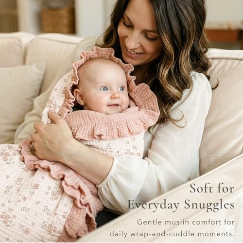 Image of Konssy Flounce Muslin Baby Blanket for Girls Boys 47 x 47 Inches, 100% Cotton Soft Crib Swaddle Blankets, Reversible & Breathable Nursery Bedding for Newborns Toddlers (Blossom)