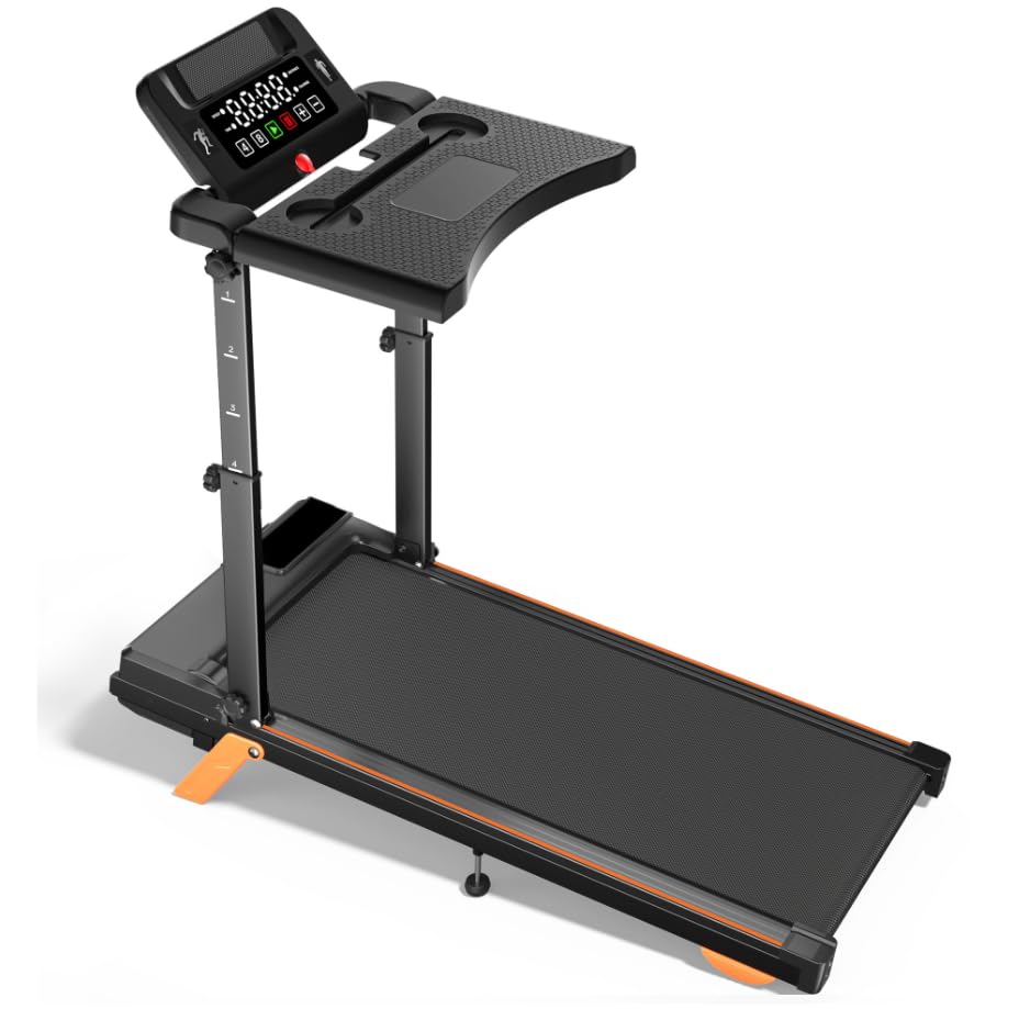 12% Incline Multifunctional Walking Pad with Height-Adjustable Handle Bar and Built-in Removable Desk, 8.0MPH/3.5HP Small Treadmill, 350LBS Weight Capacity Compact Treadmills (Black Orange)