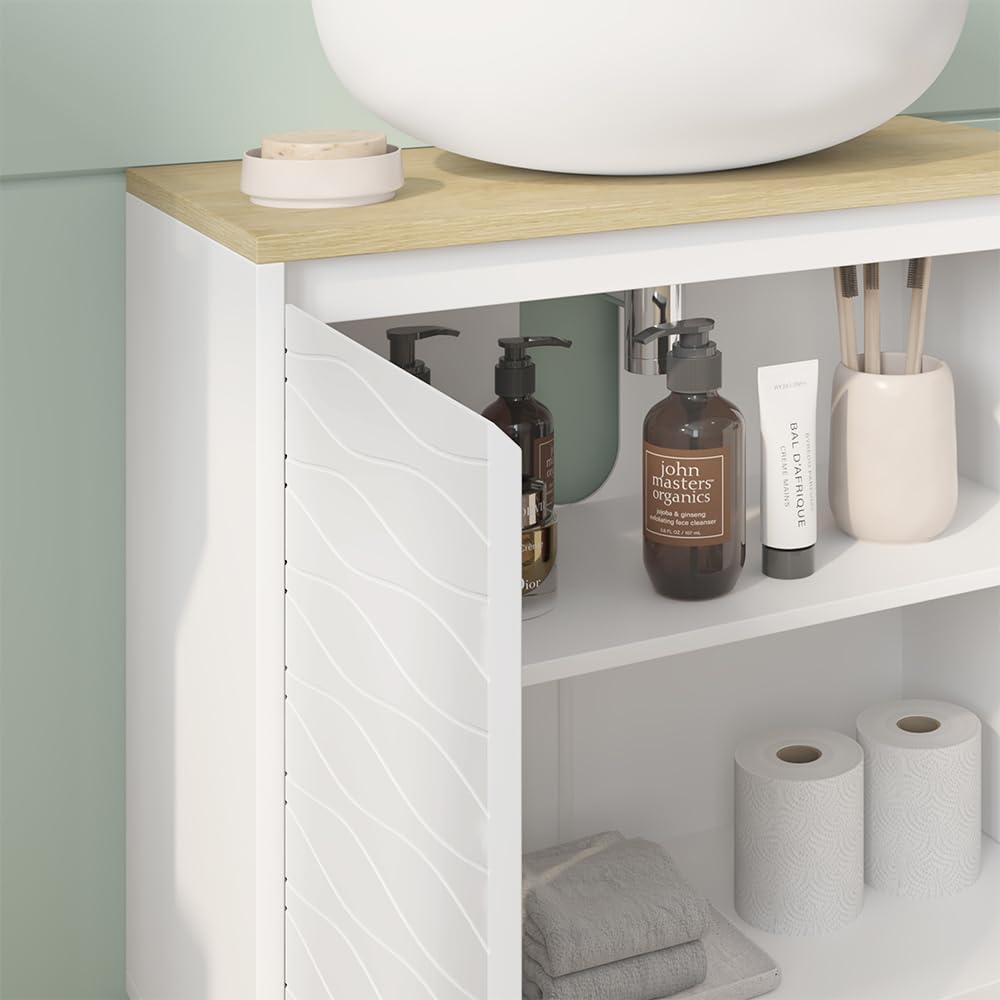 Vicco Set di mobili da bagno Livia, Bianco/quercia, 60 cm, composto da specchio da bagno e mobile sottolavabo