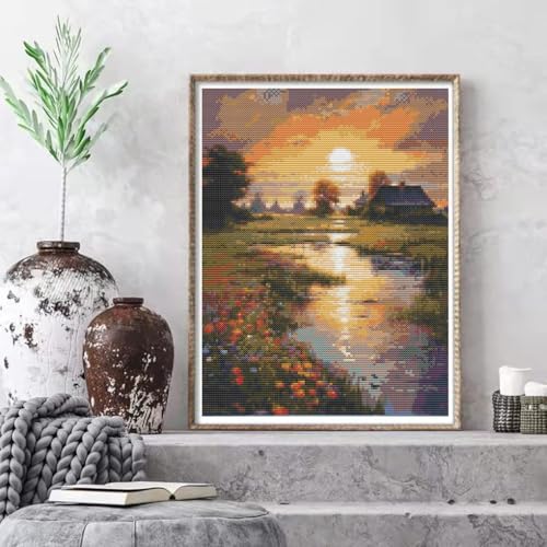 Image of Eiazuiks Stamping Cross Stitch Kit, Sunset Counting Cross Stitch Kit for Adult Beginners, Full Line DIYStitching Kit for Home Decor Cross Stitch Patterns 12x16 inches