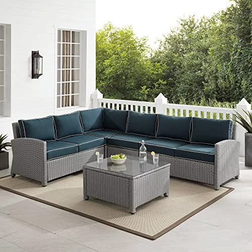Image of DEVOKO Wicker Patio 3PCS Outdoor L Shape Rattan Sofa Set with Cushions and Center Table Deck Furniture for Garden, Porch, Backyard (Silver & Navy Blue)