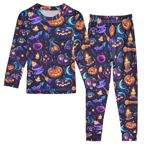 Fustylead Halloween Funny Magic Witch Hat Bat Pumpkin Candle Stars Cotton Pajama Sets 2 Piece PJ Top and Bottom Nightwear Set