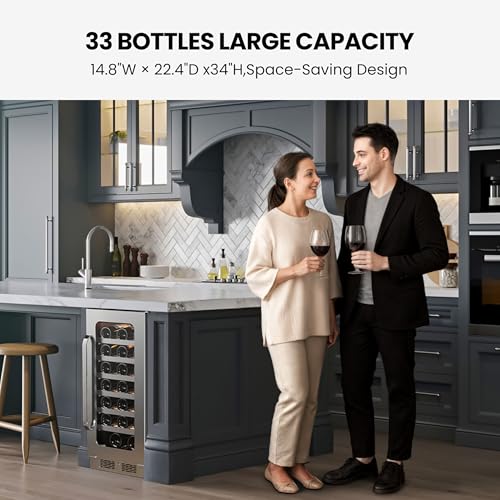 Image of 15 inch Wine Fridge Cooler 33 Bottles Wine Refrigerator Under Counter with Glass Door 3 LED Built-in or Freestanding Fridge Adjustable Shelves for Home Bar Kitchen 3.0 cu.ft