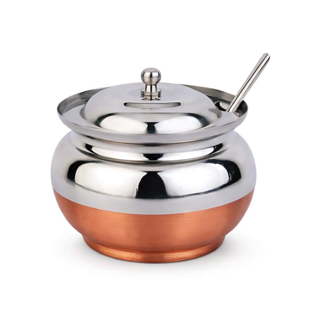 Premium Stainless Steel Ghee Pot with Copper Bottom, 350ml Ghee Container with Lid & Spoon, Traditional Ghee Dani, Mirror Finish Oil & Butter Storage, Rust-Free Durable Steel Utensil-image-11