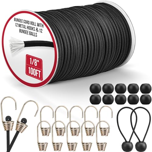 Marine Grade Heavy Duty Bungee Cord Roll with 12 Hooks 12 Bungee Balls- Black Elastic Shock Cord for Kayak Deck, Outdoor Camping, Tarp Tie Downs, Bike Rack, DIY Assorted Bungee Ropes(1/8' x 100ft)
