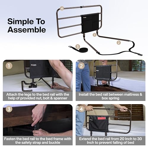 Image of FOVERA Adjustable Bed Safety Rail for Adults, Elderly, Seniors & Surgery Patients - Assist Bar with Storage Pocket for Fall Prevention, Fits Any Bed & Eases Getting in & Out of Bed (Made in India)