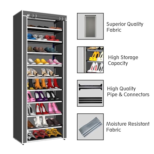 Image of YouCopia Shoe Rack for Home Non Woven Fabric - DIY Multipurpose Shoe Rack Organizer, 9-Layer Shoe Rack for Home -Shelf with Dustproof Door Entryway for Heels /Slippers /Boots (Grey, 9-Layer)