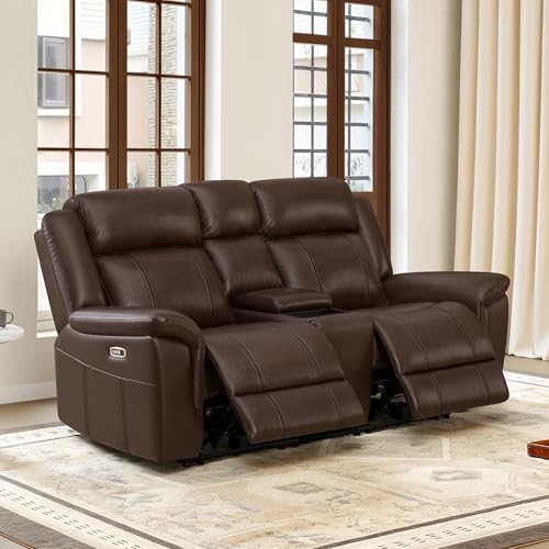 Image of CHITA Leather Power Recliner Sofa, Dark Brown, Loveseat with Console