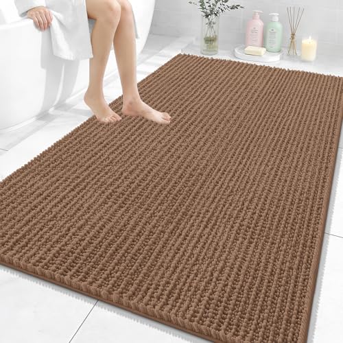 Image of OLANLY Bathroom Rug Mat 59x35, Thick Soft and Absorbent Chenille Bath Mat, Non-Slip Rubber Backing, Machine Washable Quick Dry Bath Rugs for Tub Shower Floor, Home Decor Accessories, Mocha
