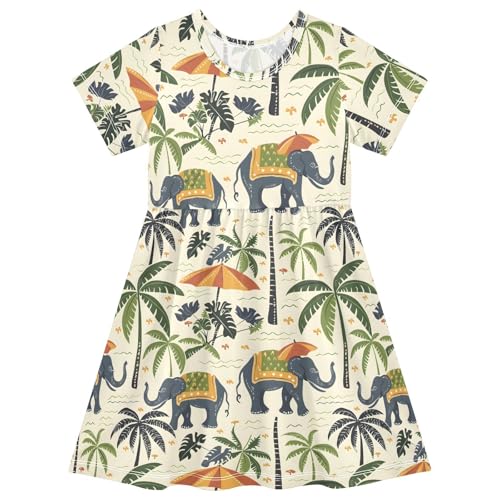 ALAZA Elephant Palm Tree Indian Girls Dress Short Sleeve Toddler Casual Dresses Summer Sundress 2-8T