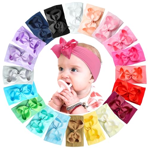 Image of CÉLLOT 20 Colors Baby Girl Headbands with 4.5 Inches Hair Bows Nylon Turban Head Wraps Headbands for Newborn Infants and Toddlers