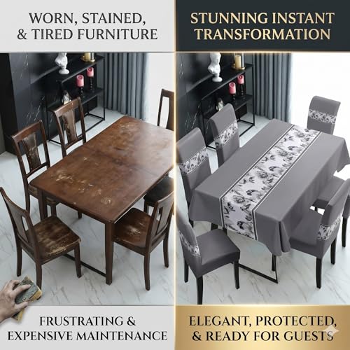 Image of Styleys Polyester Dining Chair Cover with Table Covers for Kitchen Waterproof Dining Table Cloth (1 Table Cover + 6 Chair Cover, Grey Flower, K716), Rectangular