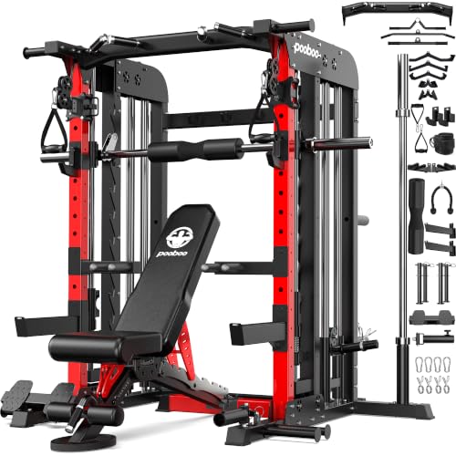 Image of pooboo Power Cage Smith Machine with 2000LB Squat Rack Cable System | LAT Pulldown and Dual Pulley Cable Crossover with All-in-One Home Gym Machine, Adjustable Stations and Training Attachments
