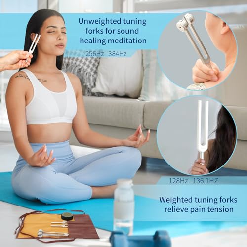 tuning forks for healing set  includes 128hz 136hz 256hz 384hz amp activator portable in red leather pouch  medical grade sound healing instruments for chakra yoga and meditation