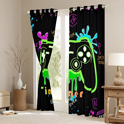 Homemissing Graffti Gamer Dreapes Fluorescent Green Gaming Curtains for Bedroom Living Room Kids Boys Gamepad Blackout Curtains(30%-50%) Modern Game Console Controller Window Treatments W46*L72 - Image 3
