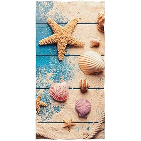 Gbrand Sea Shells Starfish Hand Towel Blue Wooden and Beach Sand Background Face Towel Graphic Printed Soft Thin Kitchen Towel 13.8' x 29.5' for Home Decoration Cover
