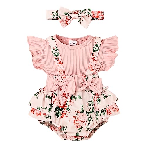 Image of FOCUTEBB Baby Girl Clothes Newborn Infant Romper Cute Bow Dress Ruffle Sleeve Clothing One-piece Jumpsuit Summer Clothes Set