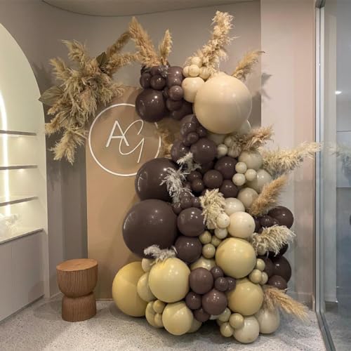 Image of Dark Brown Balloons Double Stuffed Balloon Garland Arch Kit Different Sizes 18 /12 /5In For Birthday Baby Shower Boho Neutral Luau Mocha Cofede Party Decorations