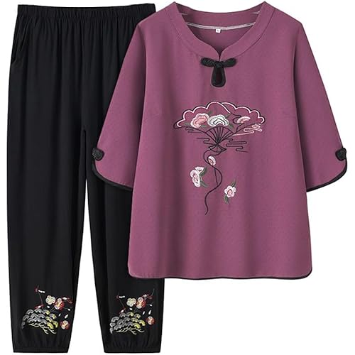 Women Tang Suit Chinese Cheongsam Shirt Pants, Cotton Linen Embroidery Tai Chi Clothing Kung Fu Clothing