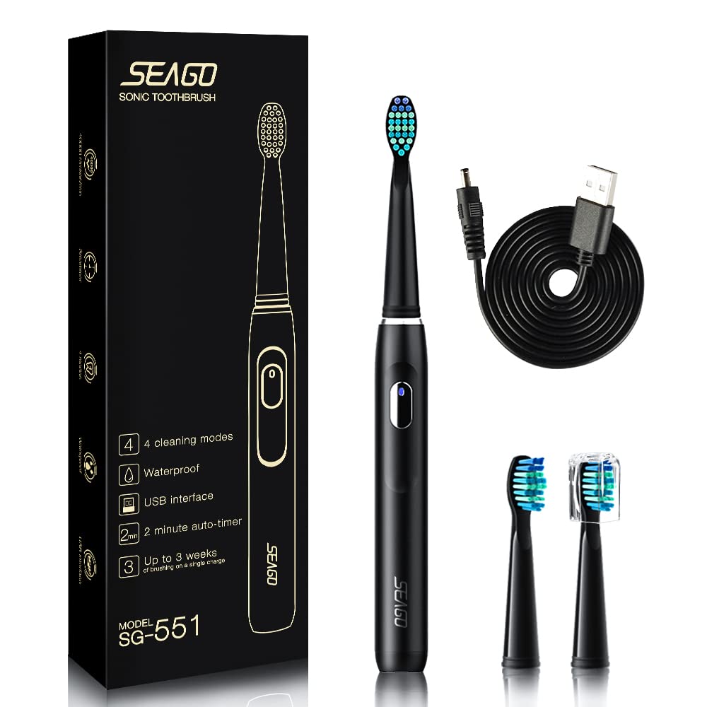 Seago Electric Toothbrush with 4 Brushing Modes, Once Charge lasts for 30 Days and 3 Replacement Brush Heads, Professional Sonic Toothrsuh for Adults Kids SG-551 (Black)…