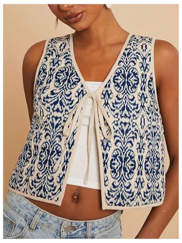 SHENHE Women's Tie Front Tribal Print Boho Vest Sleeveless Vintage Western Vest Outwear3