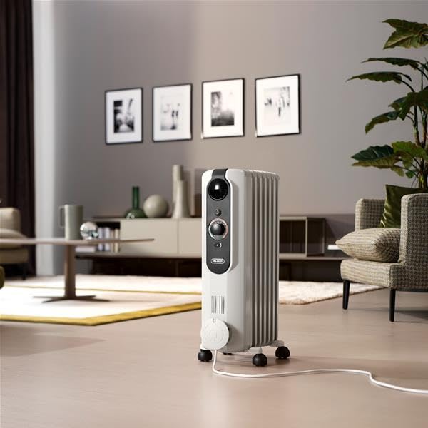 De'Longhi Radia S Easytronic TRRSE0715, Radiador Eléctrico de Aceite, Ahorra Energía, 7 Aletas, Habitaciones hasta 45m³, 3 Modos, Termostato de Seguridad, Modo Anti hielo, Ruedas, 1500W, Gris