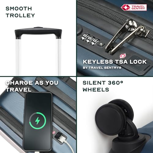 Image of Assembly Cabin Suitcase with External Laptop Pocket up to 15.6'' & 8 Spinner Wheels, Premium Polycarbonate Hard Shell Carry On Luggage for Adventure Travel, Blue, 20-Inch