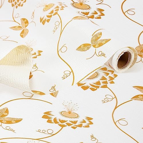 RAY STAR Shelf Liner, Non Adhesive Golden Leaves Floral Kitchen Cabinet Liner for Pantry Drawer Vanity, Strong Grip Non Slip, Shelf Liners for Kitchen Cabinets Cupboard 12 Inch x 10 FT (3 Rolls)