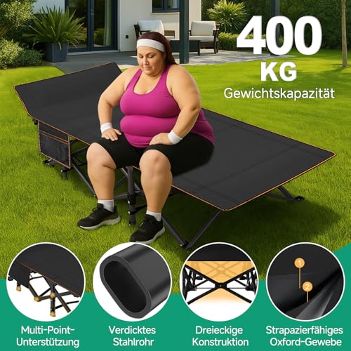 ZIKEBTUY Sonnenliege Klappbett 198x81cm Campingbett Gästebett klappbar liegestuhl 200KG Lastlager Gartenliege Mit Matratze Seitentasche und Kopfstütze Feldbett für In-Outdoor Garten Camping (Schwarz)