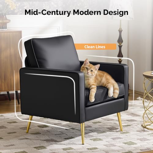 Image of VINGLI Modern Accent Chair, Upholstered Faux Leather PU Armchair with Thick Cushion & Metal Legs, Comfortable Reading Chair for Living Room, Bedroom, Office, Green
