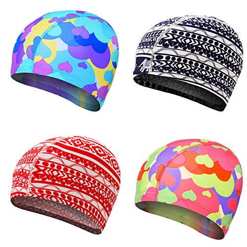 AhlsenL 4-Pack Swimming Cap for Women Girls, Spandex Cloth Fabric Swimming Swim Cap